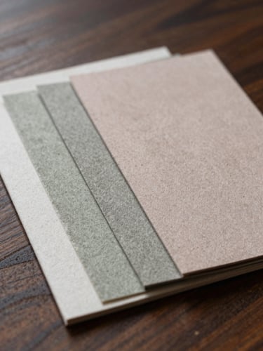 A close-up of textured handmade paper swatches in dusty sage and blush taupe resting on a dark wooden table in soft morning light.