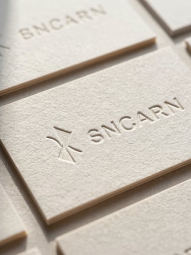 Close-up of embossed business cards on textured linen paper, soft morning light casting gentle shadows, warm editorial crop