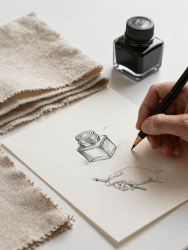 Raw design materials, including linen swatches, ink wells, and delicate hand-drawn sketches on handmade paper, warm lighting