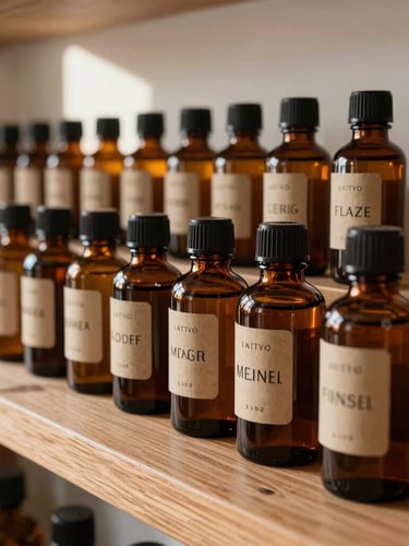 A wide environmental shot of amber apothecary bottles on a raw cedar shelf, soft north-facing daylight illuminating the blind-embossed labels.