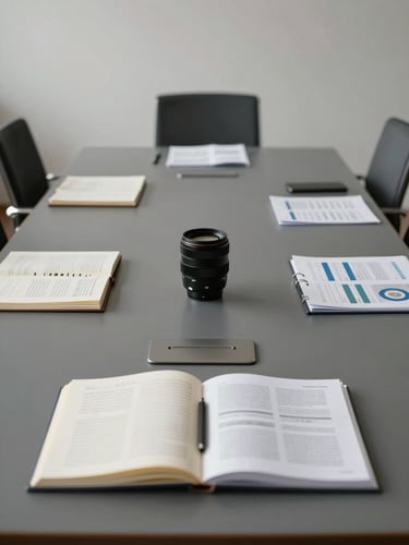 Wide environmental shot of a quiet strategy workspace — a long conference table with open notebooks, printed research documents, and a single lamp casting even north-facing daylight, no people present, matte surface textures