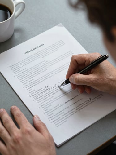 Close overhead shot of hands marking up a printed strategy document with a pen, a few annotated paragraphs visible, a coffee cup at the edge of frame, even studio lighting with no shadows, matte desk surface