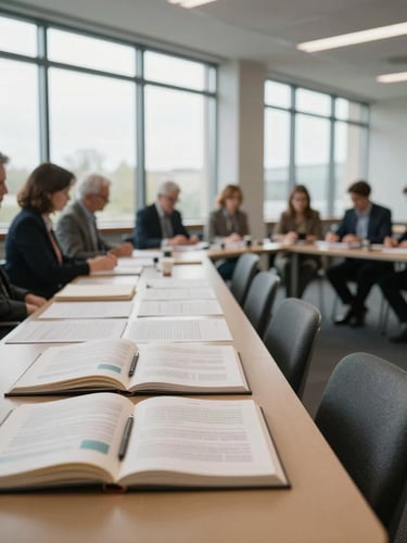 Wide environmental shot of a strategy session room, left side of frame, open notebooks and marked-up research documents on a long table, even north-facing daylight through tall windows, no faces visible, quiet and focused atmosphere