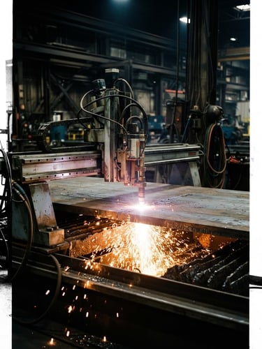 Wide shot of a CNC plasma cutter intensely cutting thick steel plate, sparks flying dramatically, high-contrast industrial lighting, deep shadows, cool steel tones with warm amber highlights, 35mm, portrait aspect, subject slightly off-center to the left.
