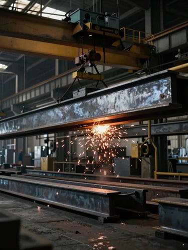 Gritty industrial photography of the Forney shop floor, heavy overhead cranes moving massive steel I-beams, dramatic high-contrast lighting with sparks flying in the background, 35mm