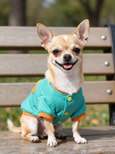 A happy small Chihuahua wearing a colorful handmade teal shirt, sitting proudly on a sunny park bench, eye-level vibrant pet photography, bright natural daylight.