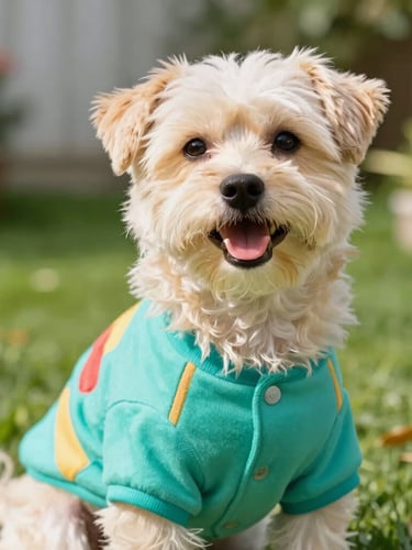 A close-up of a happy small dog wearing a colorful handmade teal shirt, sitting in a sunny garden, vibrant pet photography, bright natural daylight, cheerful colorful tones, sharp focus, 35mm