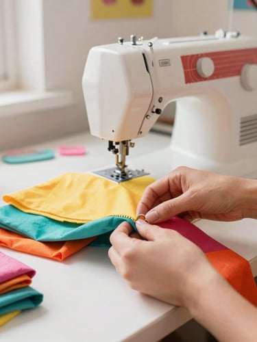 An artisan hand-cutting colorful fabrics in a bright, cheerful workshop in Celaya, sewing machine visible in the background, soft warm lighting, vibrant pet brand aesthetic