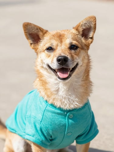 Vibrant pet photography of a happy small dog wearing a bright teal handmade shirt, smiling at eye-level, warm natural daylight