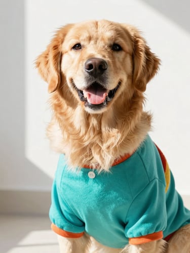 Eye-level shot of a happy golden retriever wearing a colorful handmade teal shirt, sitting in a bright sunny room, sharp focus, vibrant pet photography