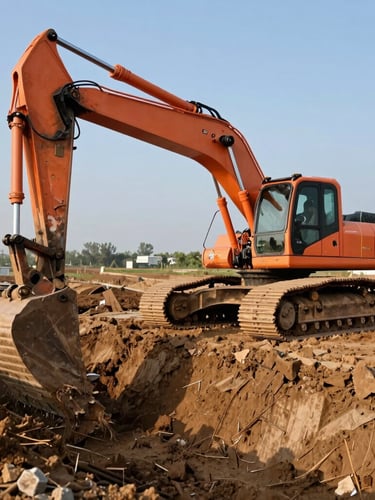 Wide environmental shot of a heavy orange excavator digging a precise trench in bright morning daylight, sharp focus, 35mm lens.