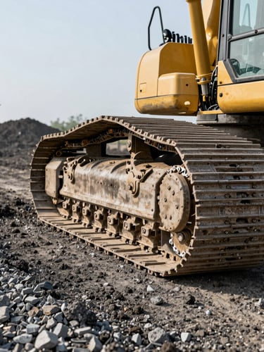 Tight shot of heavy excavator tracks gripping compacted gravel and dark soil, bright morning daylight, sharp focus, 35mm lens