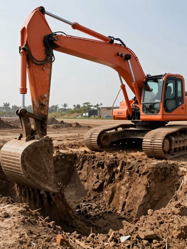Wide environmental shot of a heavy-duty orange excavator digging deep foundations in sharp morning daylight, high-contrast dirt textures, 35mm lens