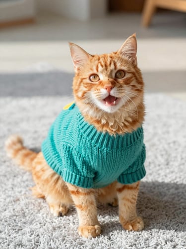 A happy fluffy orange cat wearing a colorful teal knitted sweater, sitting comfortably on a soft light gray rug, bright warm natural daylight