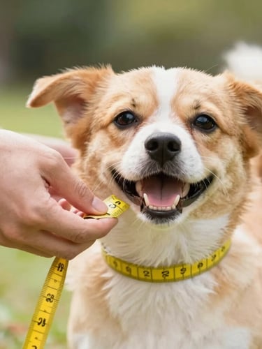 Close-up of human hands gently measuring a happy small dog with a yellow tape measure, bright natural daylight, warm tones, soft focus background