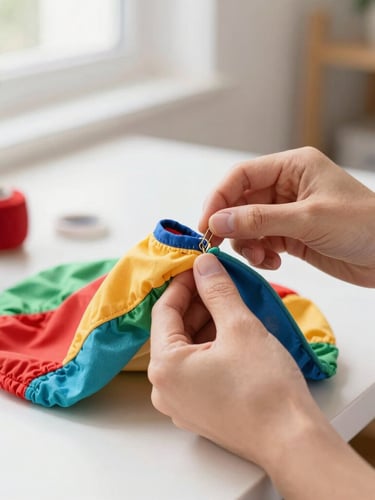 Hands of an artisan carefully sewing a colorful pet garment with high-quality fabrics in a bright, sunlit home workshop in Mexico
