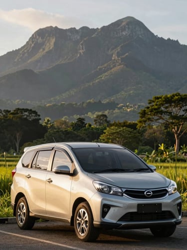 Medium-wide shot of a Perodua Ativa parked against the lush green backdrop of Mount Kinabalu, warm golden hour lighting.