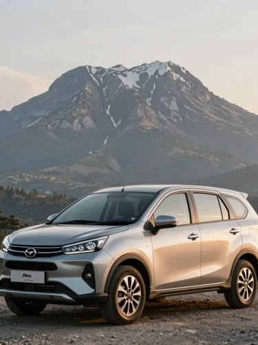 Medium-wide portrait shot of a new Perodua Ativa parked on a gravel overlook, Mount Kinabalu towering in the warm morning light.
