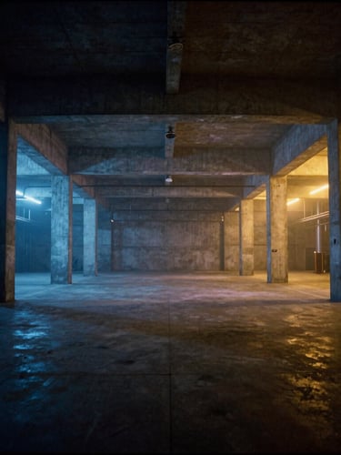 Wide-angle shot of a raw concrete industrial warehouse in Rome, moody blue and amber stage lights cutting through haze, empty space, 35mm film grain.