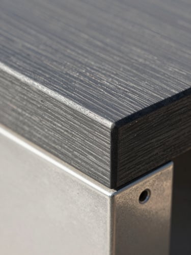 Close-up of composite deck board edge meeting a stainless steel post base, charcoal grey grain texture sharp in controlled natural daylight, precise shadow line at the junction, no people