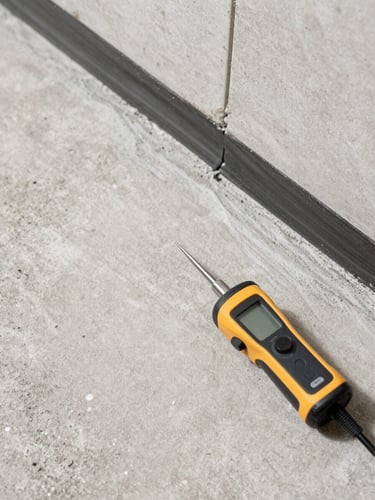 Close-up overhead flat-lay of a waterproofing inspection in progress — moisture meter probe pressed against a pale concrete surface, sealant joint and tile edge visible in upper frame, controlled natural north-facing daylight, no shadows, architectural precision framing