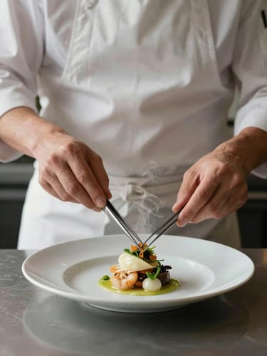A chef in a clean linen apron carefully plating a delicate dish with tweezers, moody side-lighting highlighting the steam.