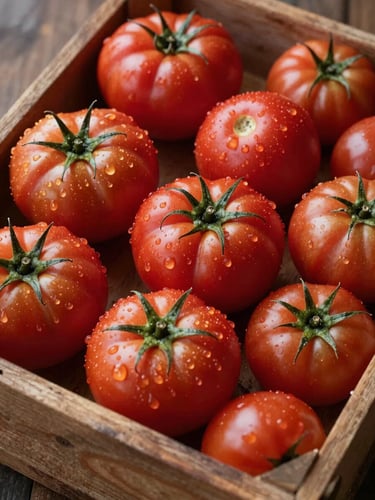 A rustic wooden crate overflowing with freshly washed heirloom tomatoes of various shapes and deep red colors, glistening with water droplets.