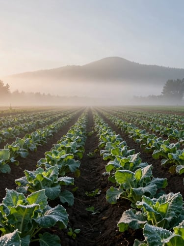 Wide environmental shot of a misty Oregon valley farm at sunrise, dew on rows of organic greens, soft Scandinavian morning light, deep shadows.