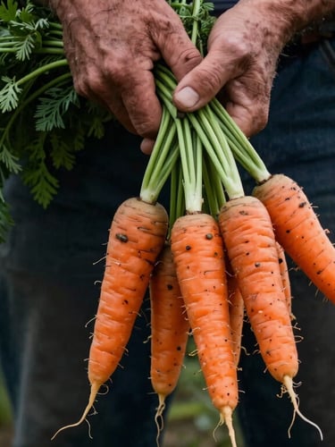 A vertical portrait of a farmer's dirt-stained hands holding a bunch of vibrant, freshly harvested heirloom carrots, shot in soft, moody natural light with deep shadows.