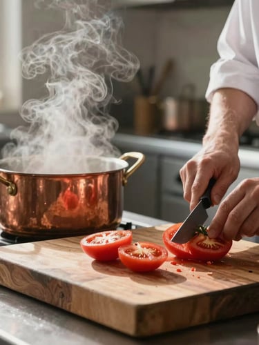 An atmospheric kitchen scene at morning prep, steam rising from a copper pot, a chef slicing heirloom tomatoes on a thick wooden block, soft morning light.