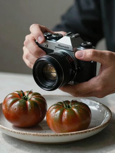 Moody, side-lit close-up of hands adjusting a vintage camera lens over a rustic ceramic plate of dark heirloom tomatoes, soft shadows, Scandinavian natural light.