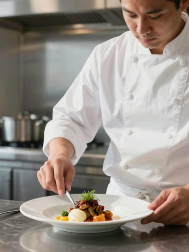 A professional chef in a clean white uniform plating a dish in a modern cruise ship galley, shining stainless steel background, warm natural light, 35mm.
