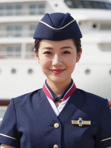 Close-up portrait of a professional female cruise receptionist in a sharp navy uniform, smiling confidently, bright natural daylight, 35mm.