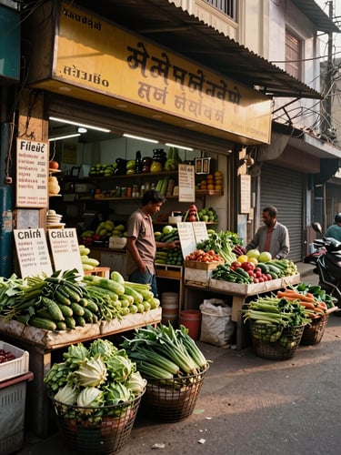 Wide-angle view of a busy Indian street-side shop front in daylight — vegetables in wire baskets on the footpath, handwritten price boards, warm afternoon light catching the storefront signage, one shopkeeper adjusting the display