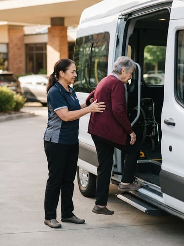 Professional operator in clean uniform assisting a patient with dignity into a modern, specialized transit van, bright natural daylight, soft warm tones, medium depth of field.