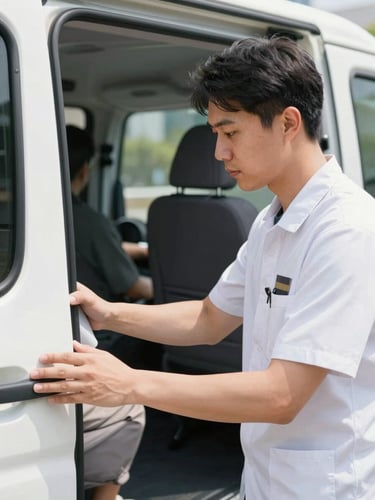 Professional operator in a clean uniform gently assisting a patient (out of frame) into a specialized transit vehicle, focusing on the hands and the supportive gesture, bright natural daylight, medium depth of field, dignified.