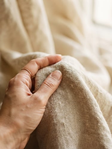 Close-up of hand touching soft beige draped linen fabric, warm diffused morning daylight, shallow depth of field, 35mm film