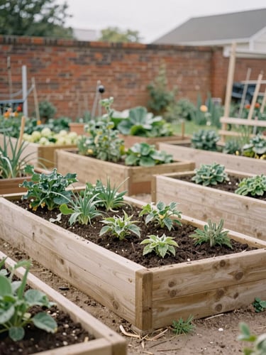 A quiet, sunlit community garden with wooden raised beds and a brick wall background, soft natural overcast light, documentary film style.