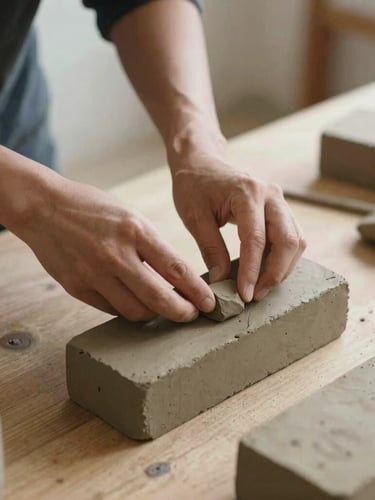 Hands carefully arranging hand-made clay bricks on a wooden table, soft natural side lighting, warm muted tones, candid documentary style