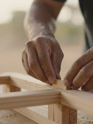 Close-up of hands working together to build a wooden structure in a community space, soft warm golden hour light, authentic candid moment.