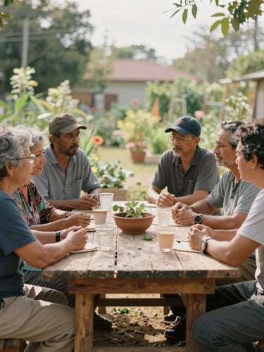 Documentary film photography of community leaders collaborating around a rustic wooden table in a sunlit community garden, soft natural daylight, warm muted earth tones, unposed candid moment.