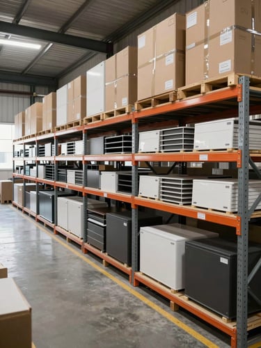 Environmental wide shot inside a Pasig warehouse, rows of shelved office equipment boxes and packaged furniture components organized on heavy-duty metal racking, neutral daylight from warehouse windows, overhead ambient lighting, clean concrete floor, no people, framing emphasizes depth and order of stock