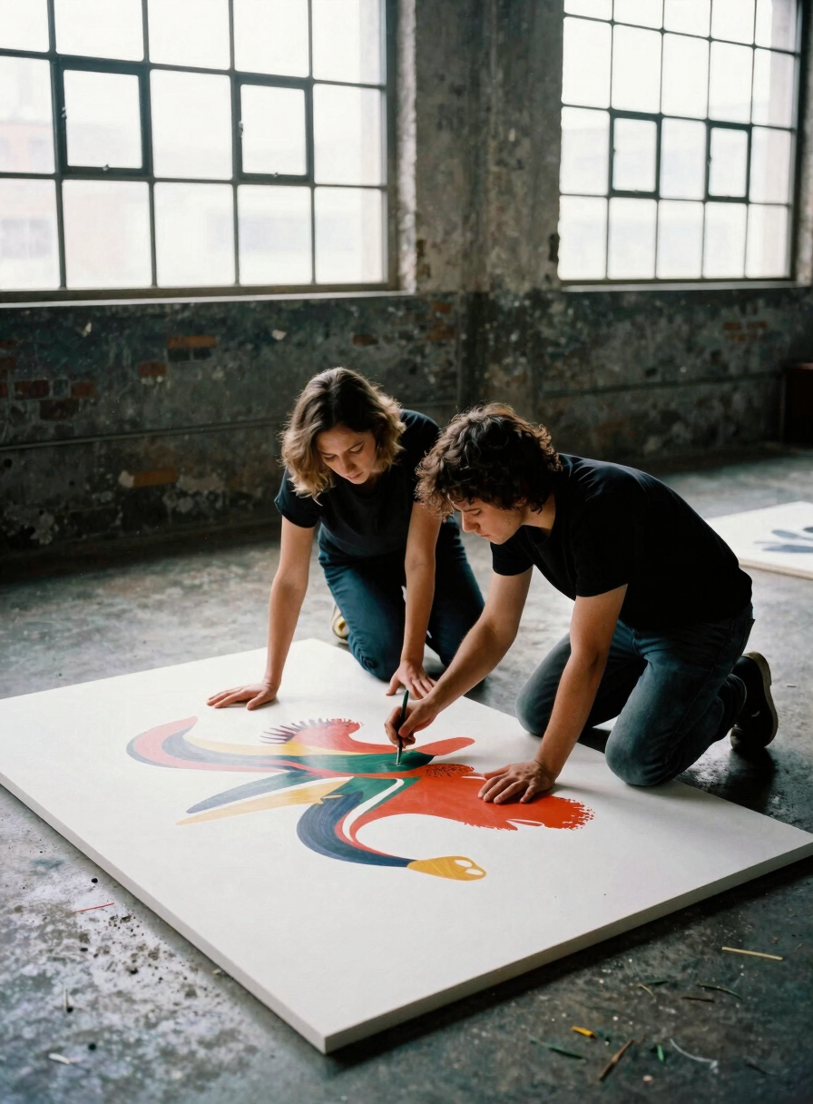 Candid mid-shot of two artists collaborating over a large canvas on a concrete floor, high-contrast daylight through industrial windows, 35mm film grain