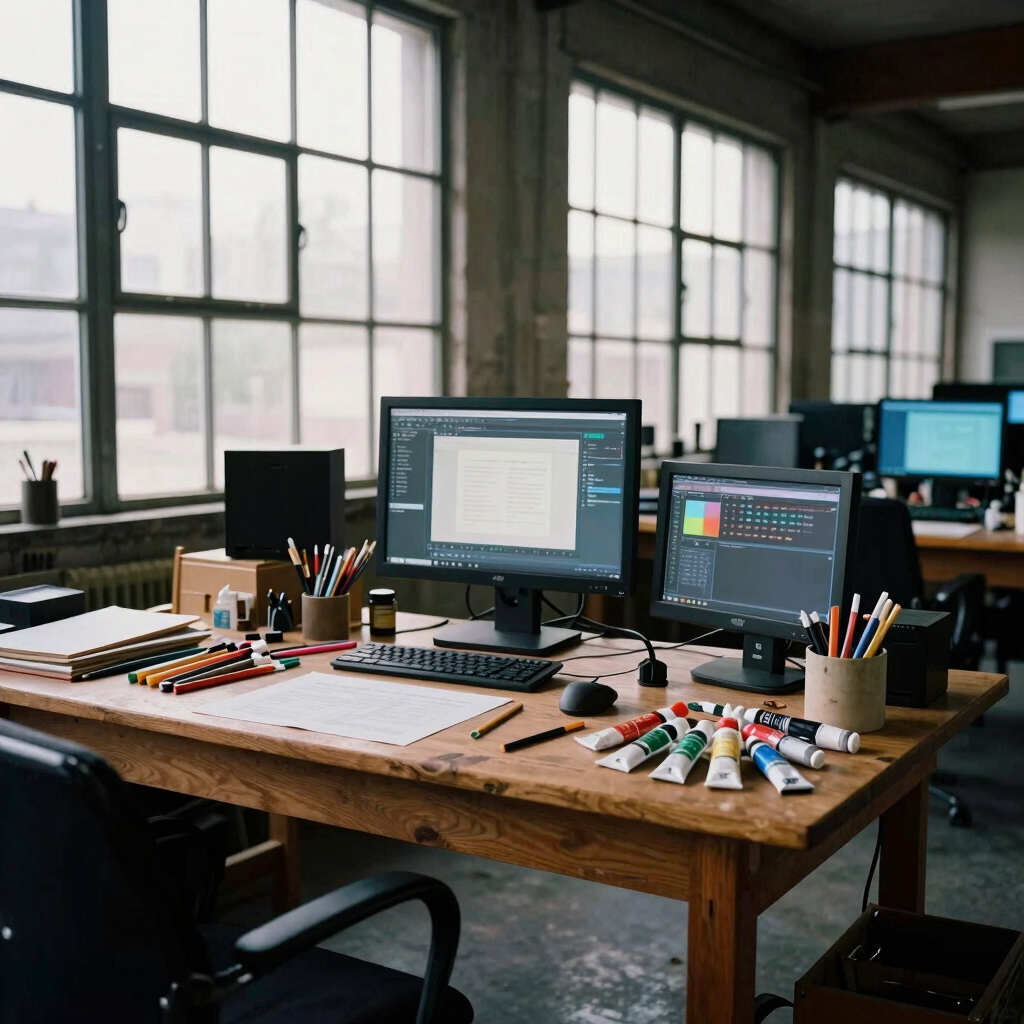 A messy wooden studio table covered in mixed media tools, paint tubes, and digital screens glowing in a high-contrast industrial warehouse setting, raw daylight through large steel windows.