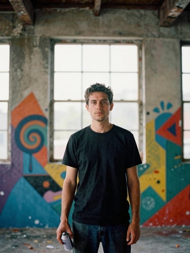 Candid portrait of a local street artist standing in front of a half-finished mural, holding a spray can, raw daylight through industrial windows, 35mm film grain