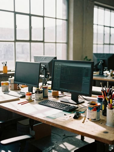 An active, messy art studio table cluttered with paint cans, digital screens, and mixed media tools, raw daylight through industrial windows, high-contrast shadows, 35mm film grain
