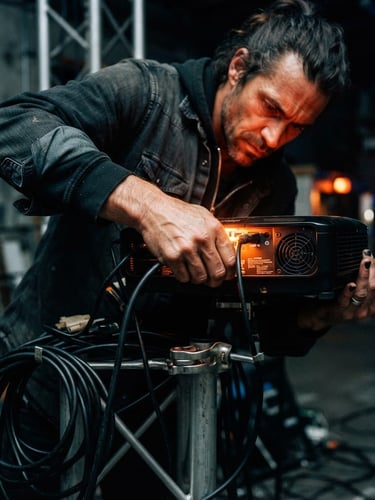 Candid close-up of an artist adjusting a digital projector cable in a dark industrial warehouse studio, neon orange glow, raw ambient light, 35mm film grain.