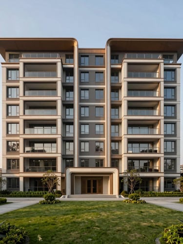 Wide-angle architectural photograph of a modern luxury residential facade in Alkapuri, clean lines, warm evening light, manicured green landscaping.