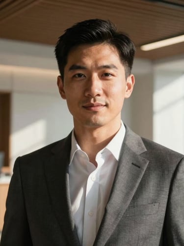 Close-up portrait of a professional male real estate broker in a tailored suit, warm natural side-lighting, modern high-ceiling office interior with architectural details in the background, sharp focus.