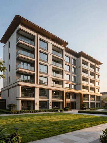 Wide-angle architectural exterior of a modern luxury residential estate in Alkapuri, clean lines, sun-drenched facade with warm golden hour lighting, manicured green landscaping.